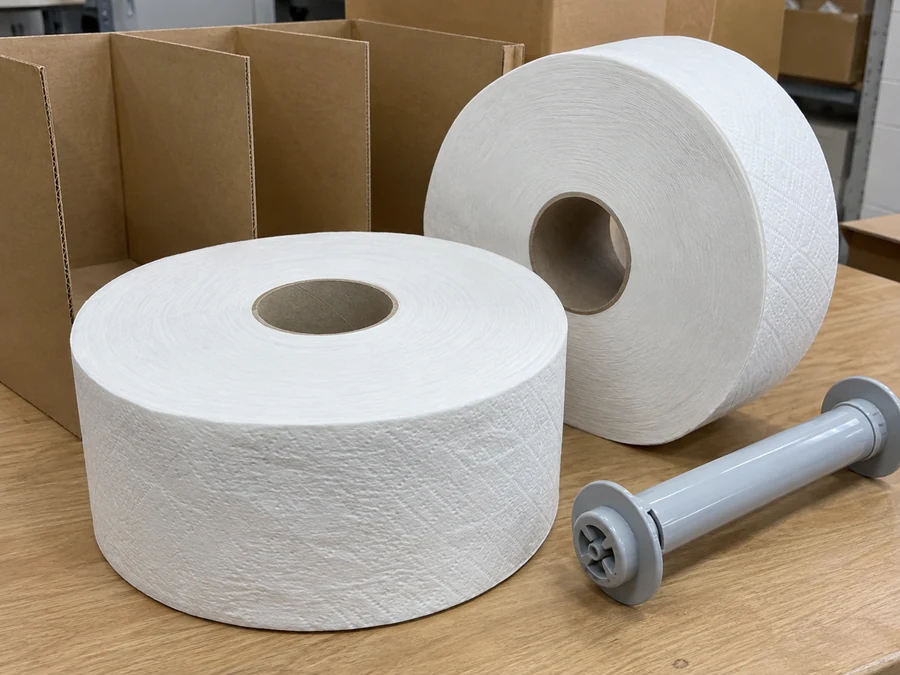 Jumbo toilet rolls beside a loose dispenser spindle and carton