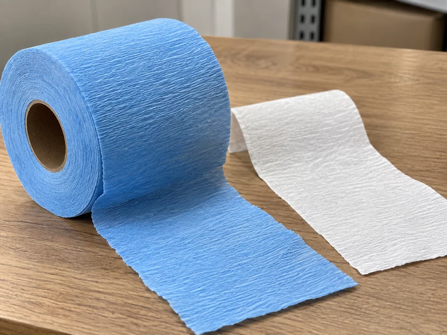 Blue creped neck-paper roll beside a white paper strip