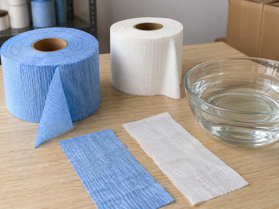 Neck-strip rolls and paper specimens beside a water dish
