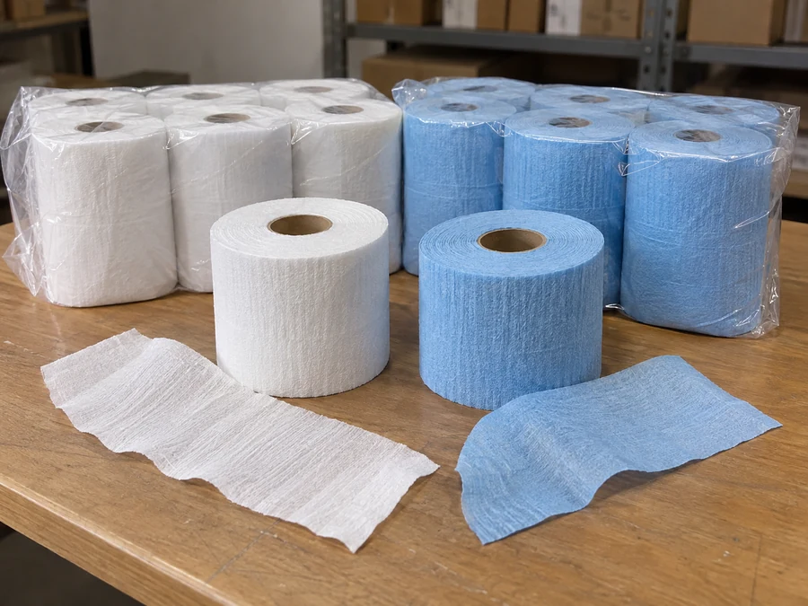 Wrapped blue and white neck-strip rolls beside loose specimens