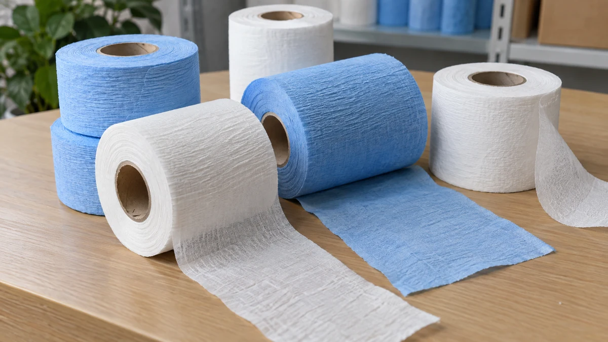 Barber neck strips supplier: blue and white creped neck-strip rolls with unrolled paper