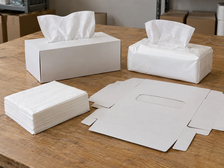 Tissue box and soft pack beside loose sheets and a blank carton