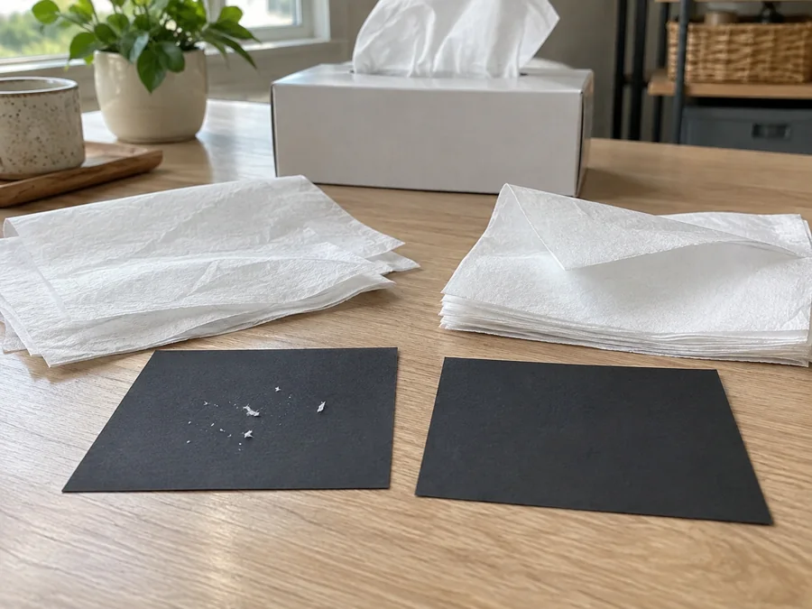 White facial tissue sheets beside dark cards with visible loose fibers