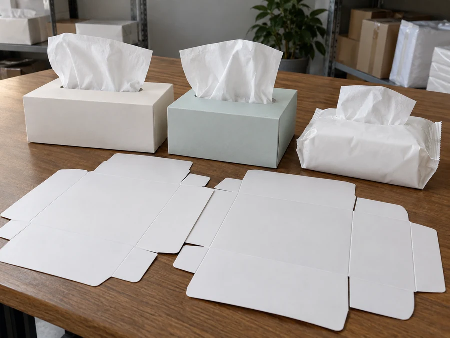 Tissue boxes and soft pack beside blank carton patterns