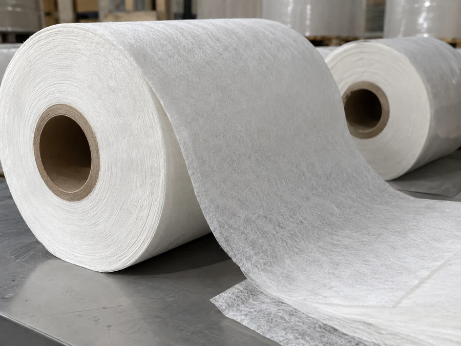 White airlaid roll with an exposed core and unrolled web