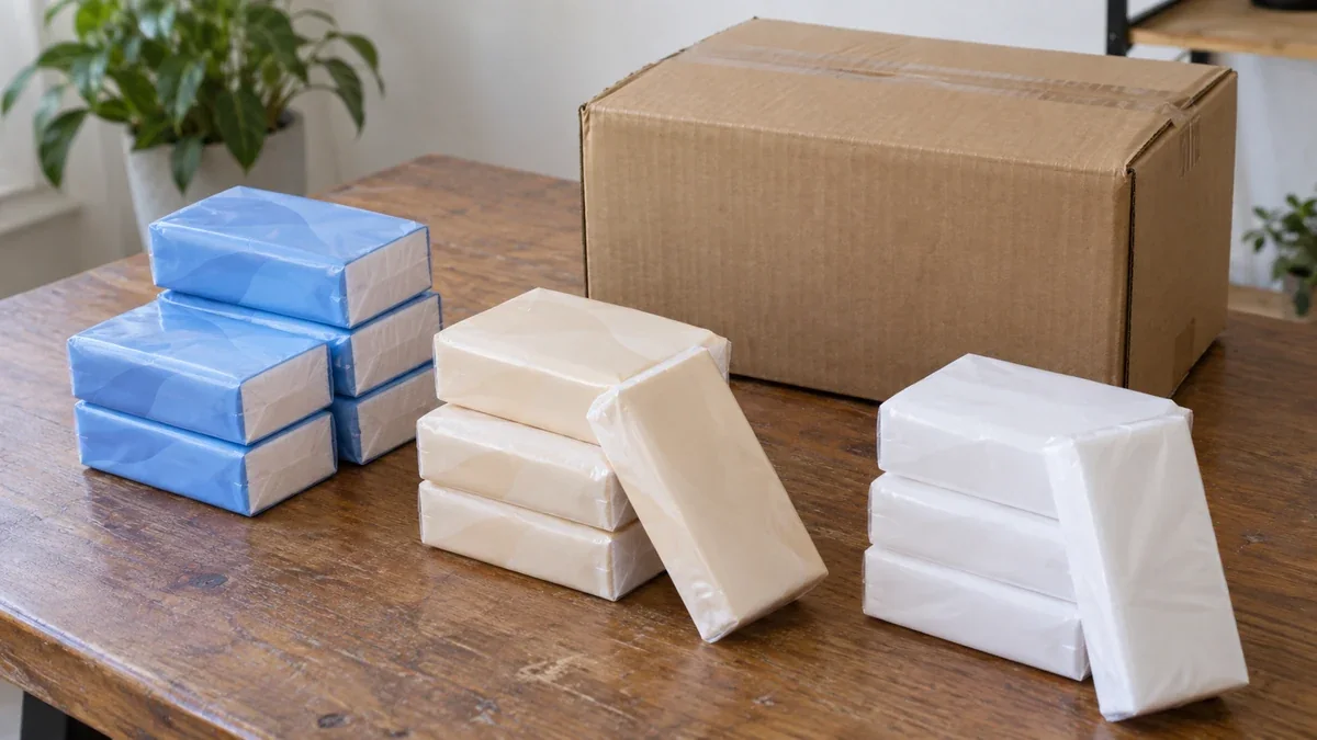 Pocket tissue OEM samples: blue, beige and white packets beside a carton