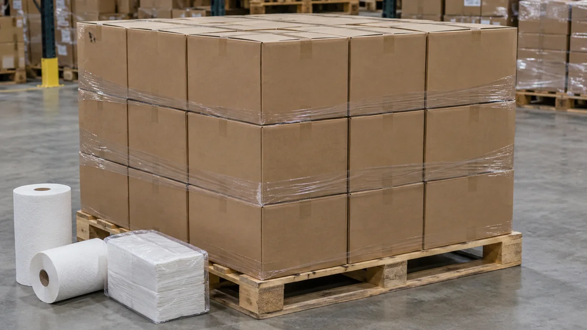Paper towel supplier packaging example: wrapped cartons on a wooden pallet beside towel samples