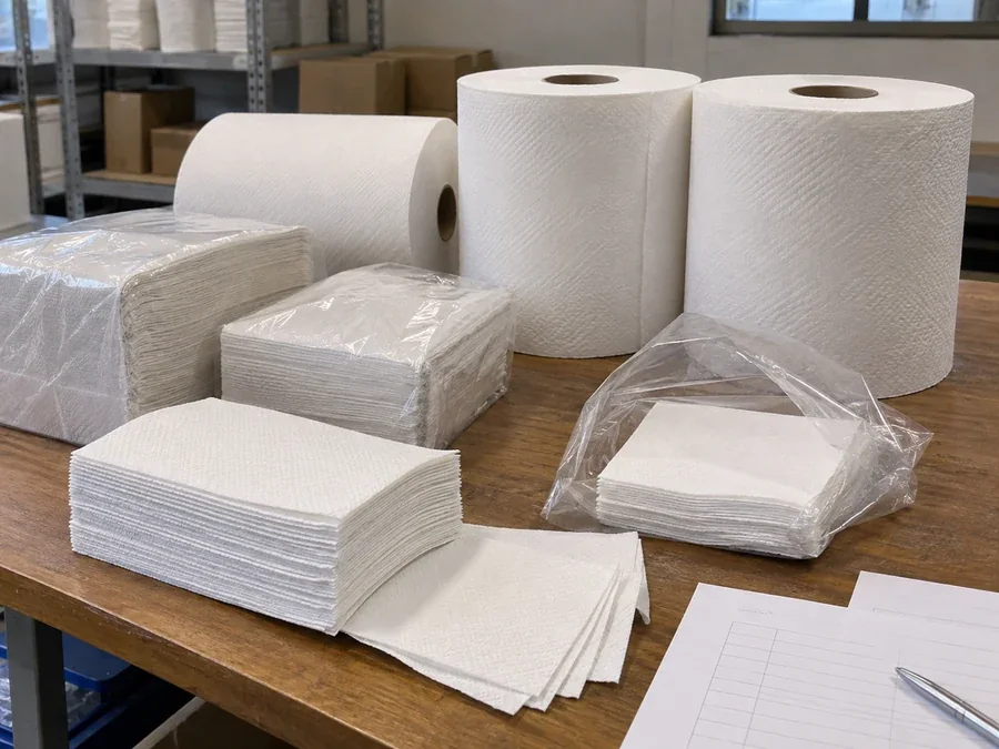 Towel rolls and folded sheets beside sample envelopes