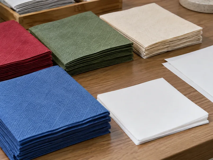 Colored folded airlaid napkins beside white paper specimens