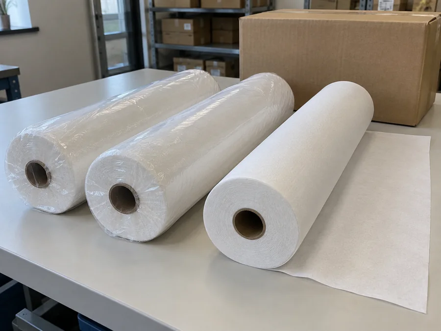 Two clear-wrapped examination paper rolls beside an unwrapped roll and carton