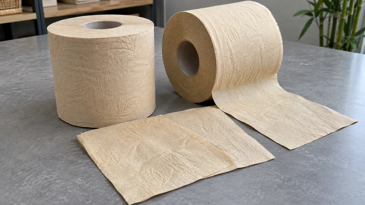 Bamboo tissue supplier samples: natural-toned rolls and loose sheets