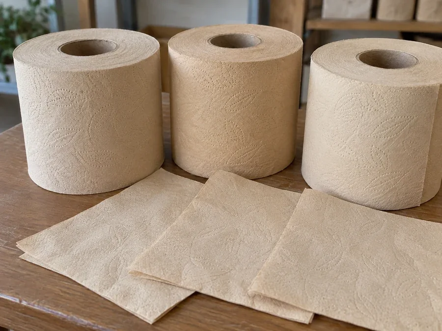 Three natural-toned tissue rolls with loose specimens
