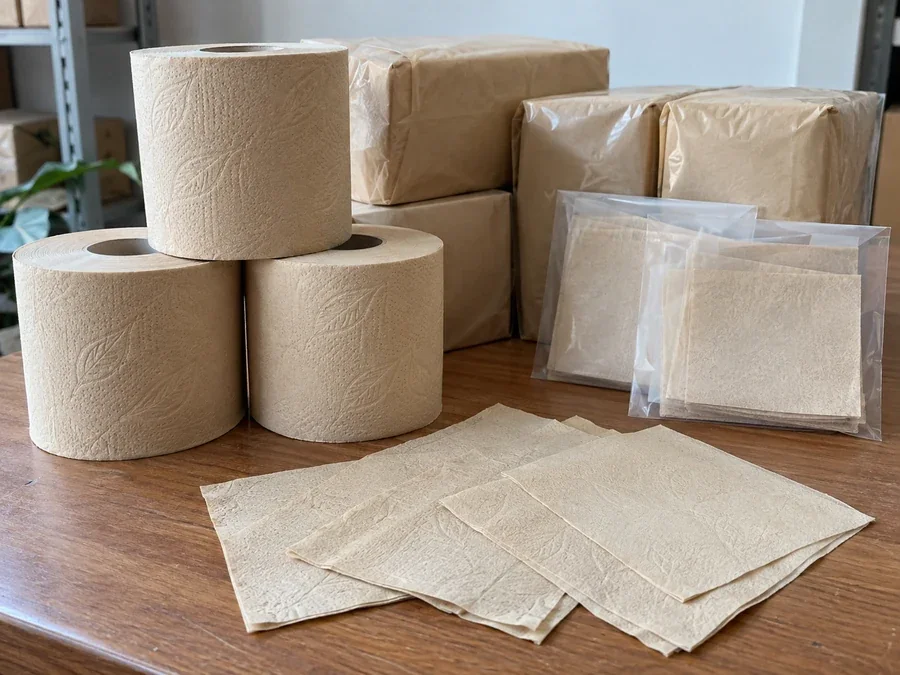 Wrapped tissue packs, tan rolls and protected sheet samples