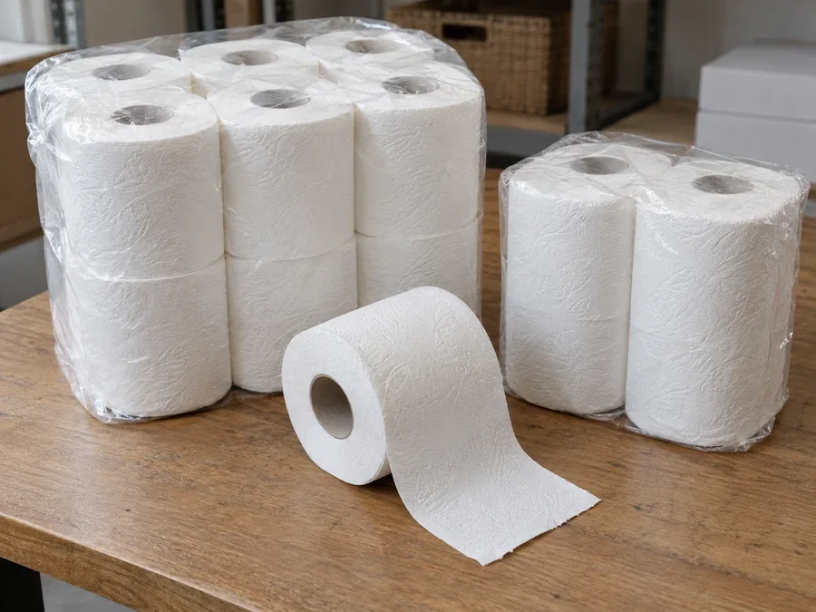Wrapped toilet tissue packs beside an exposed roll