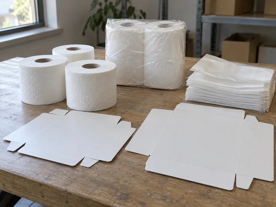 Toilet tissue rolls beside blank carton sheets and packaging sleeves
