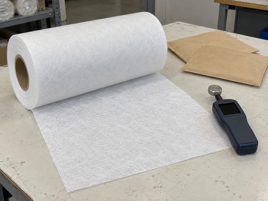 Airlaid sample roll and specimen beside an inactive handheld measuring device