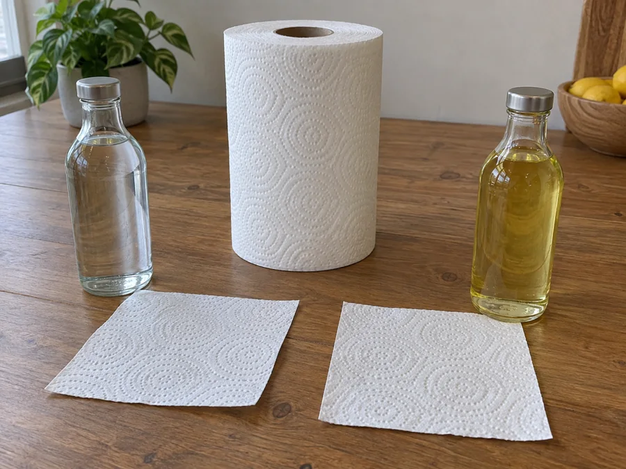 Kitchen towel specimens beside separate closed bottles of clear and yellow liquids