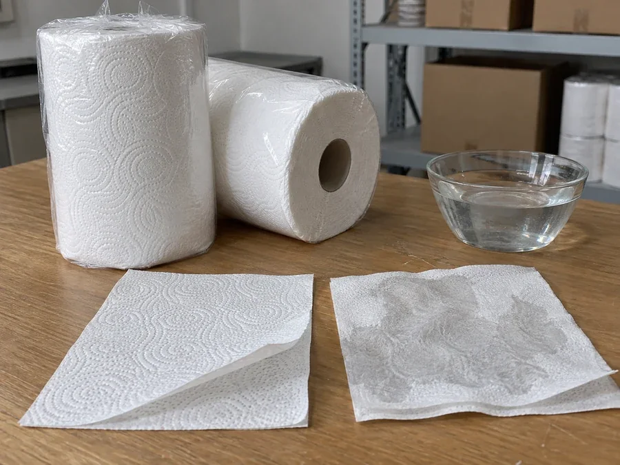 Kitchen towel rolls beside a bowl and two paper specimens