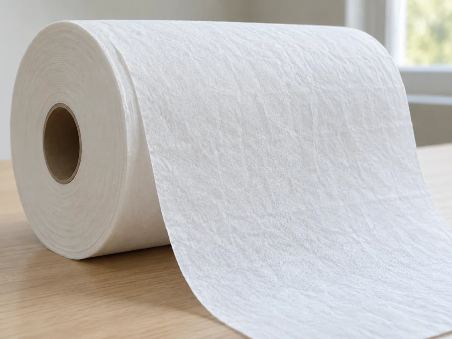 Tissue sample roll with a broad sheet leaving its curved upper surface