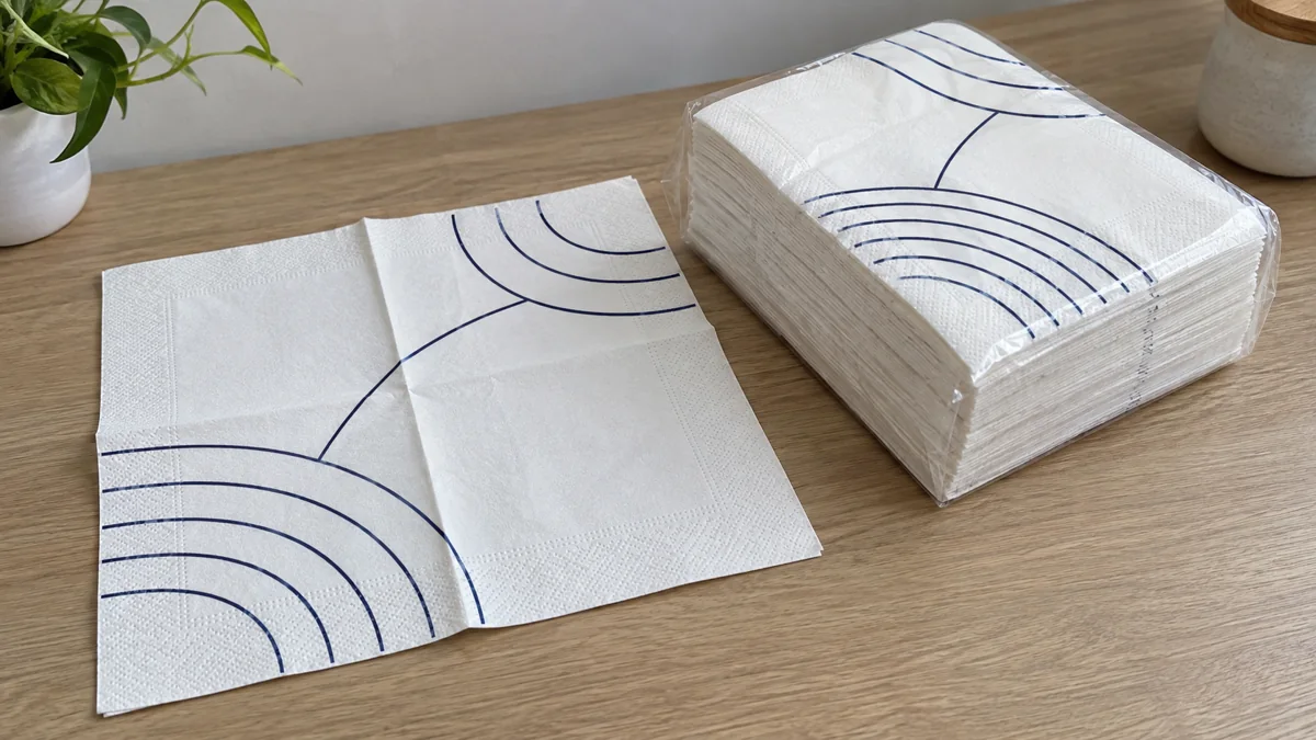 Paper napkin supplier samples with navy geometric printing and a protected pack