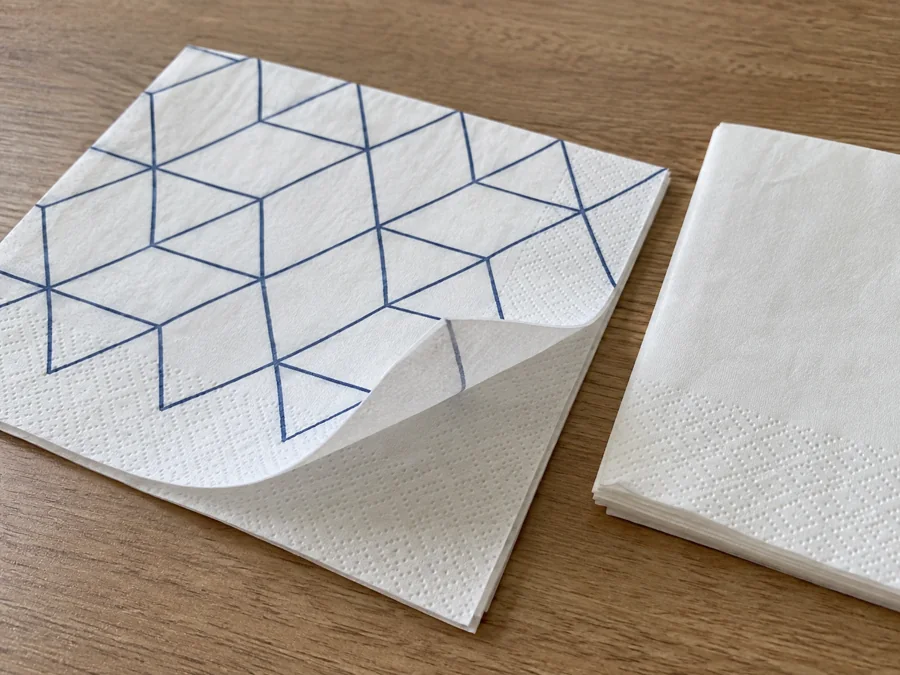 Printed tissue napkin beside an unprinted folded reference