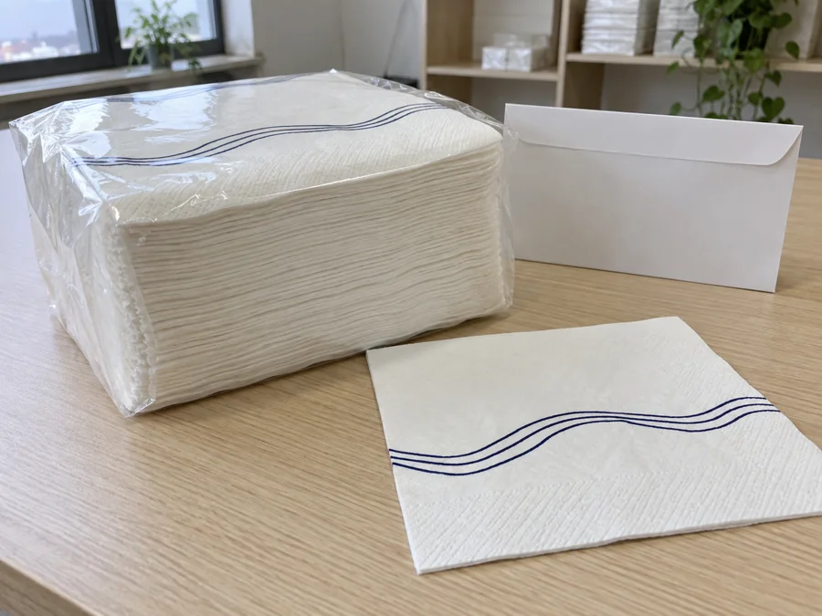 Wrapped printed napkins beside a loose reference specimen