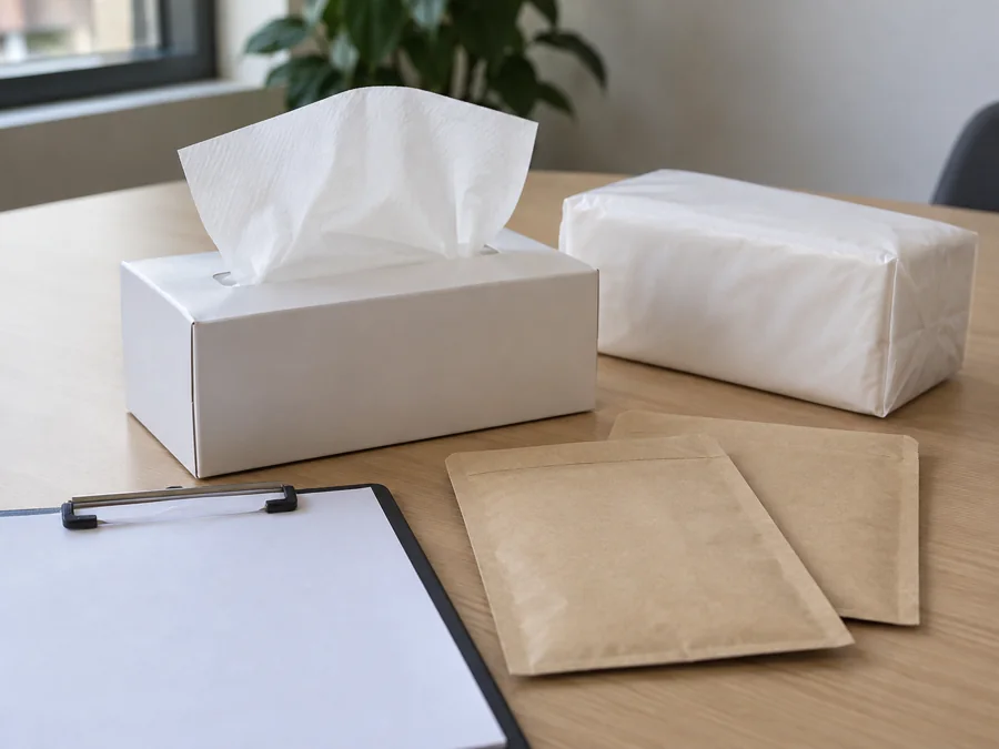 Facial tissue formats beside plain envelopes and a clipboard