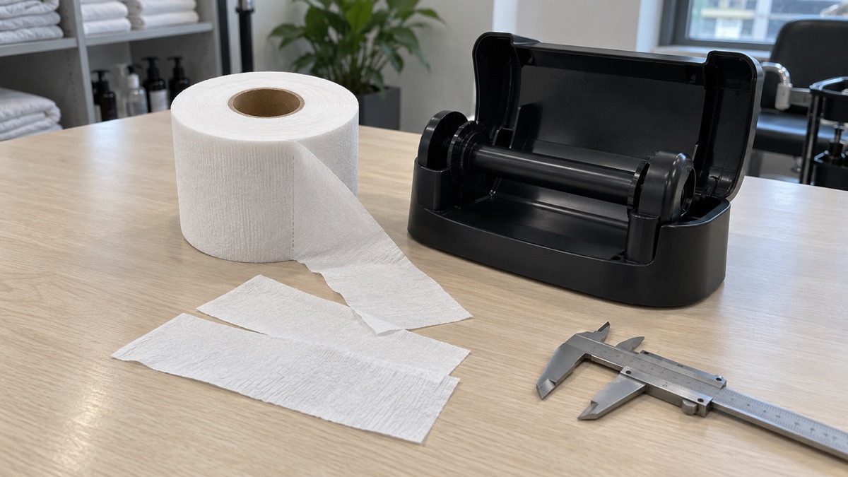 Barber neck strips supplier sample roll beside an open generic dispenser for fit review