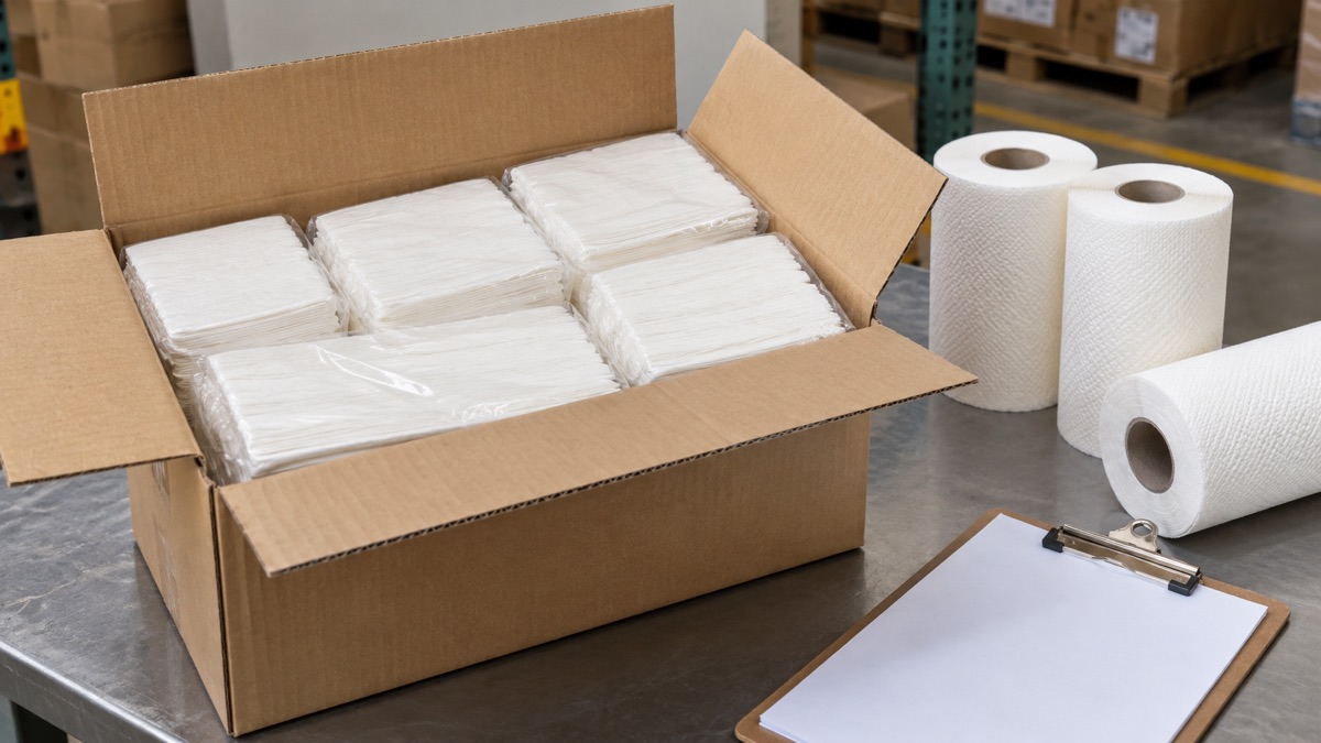 Paper towel supplier sample carton containing wrapped folded hand towel packs