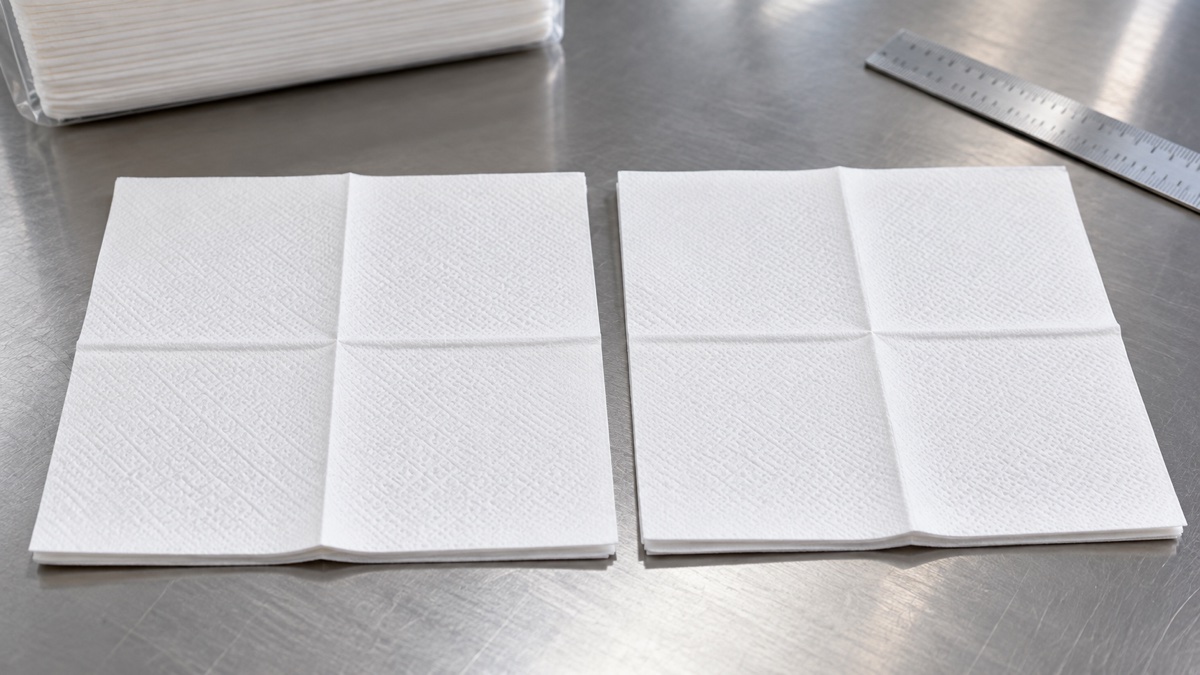 Airlaid napkin supplier comparison of two folded white embossed dinner napkins on an inspection table