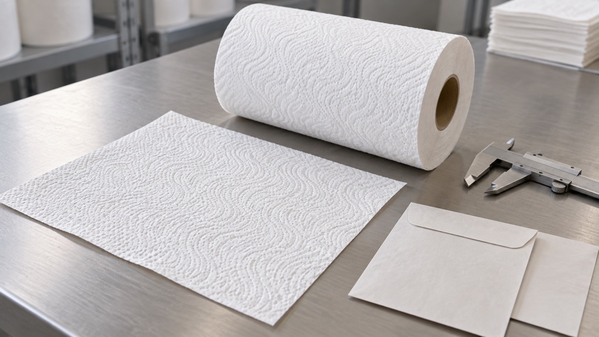 TAD tissue supplier textured tissue roll and sheet beside a caliper on a sample table