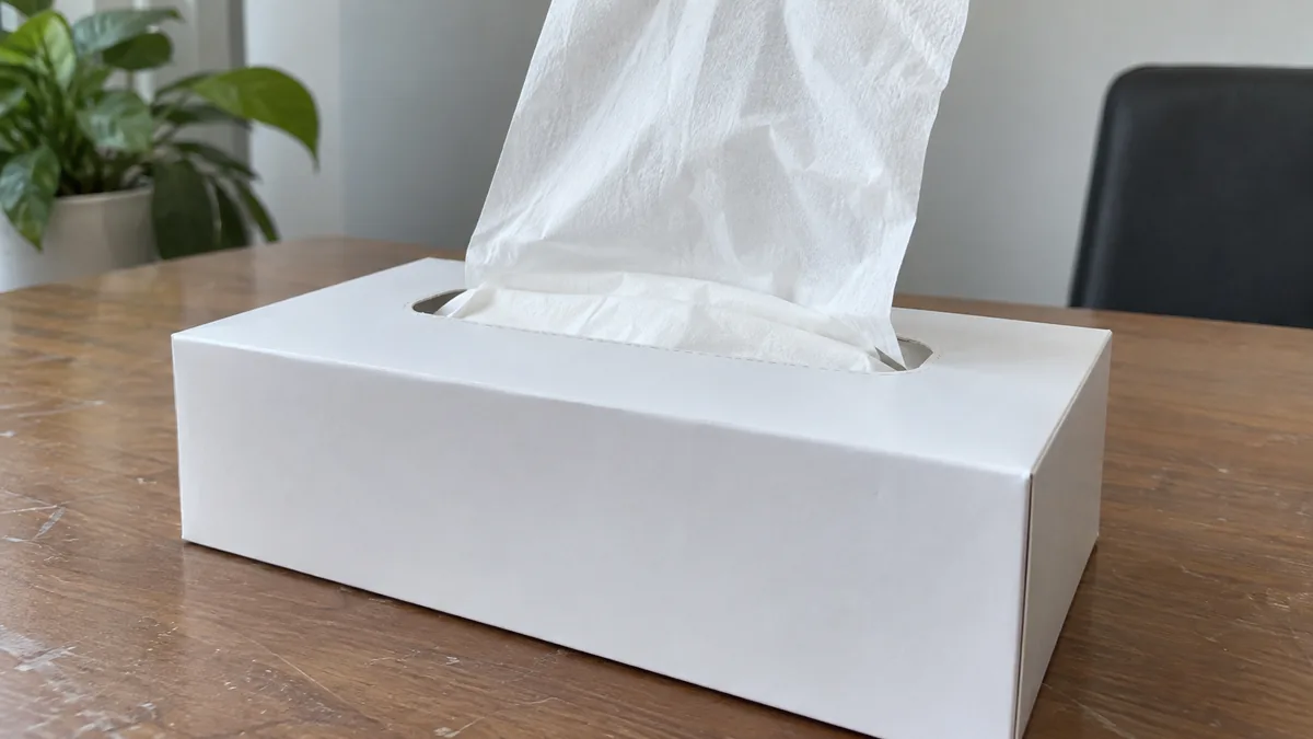 Facial tissue supplier boxed samples with one sheet raised and the next interleaved sheet visible
